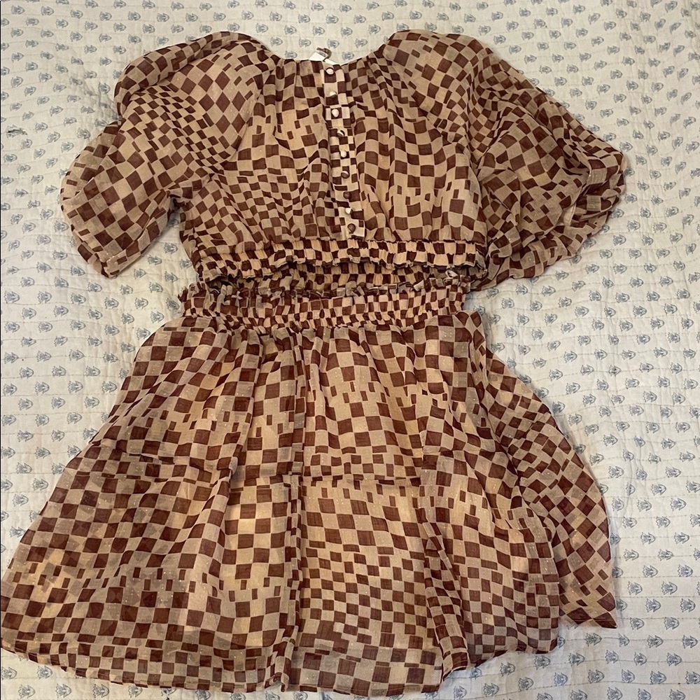 Moon River Checkered Puff Sleeve Mini Dress - Brown & Cream - Picture 3 of 3